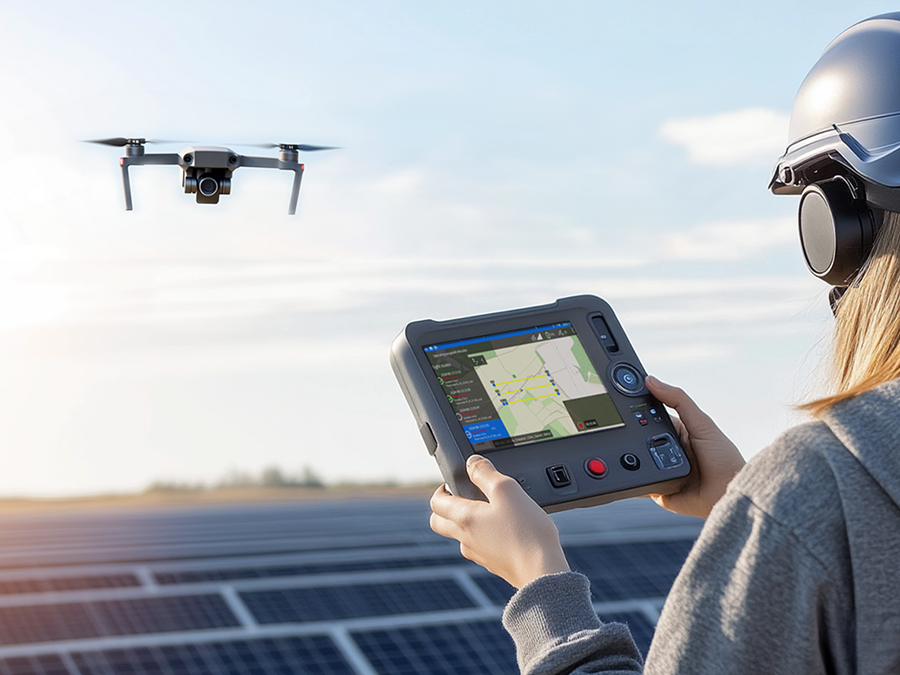 Woman holding a drone with Volafly app for solar panel inspection at a photovoltaic plant.