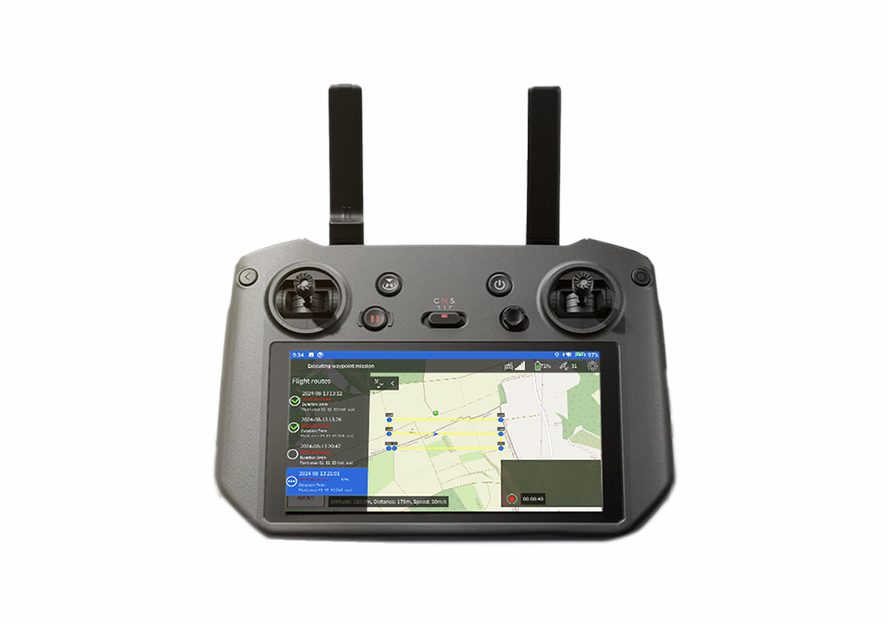 Volafly app displayed on a drone remote controller for solar panel inspection flights.